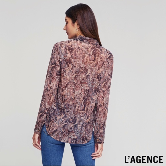 L’AGENCE **NWT** Laurent Blouse In Brown Multi Neutral Paisley - Picture 11 of 12